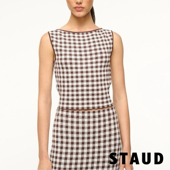 STAUD **NWT** Montgomery Cropped Knit Tank in Chocolate Brown Gingham - Picture 6 of 14
